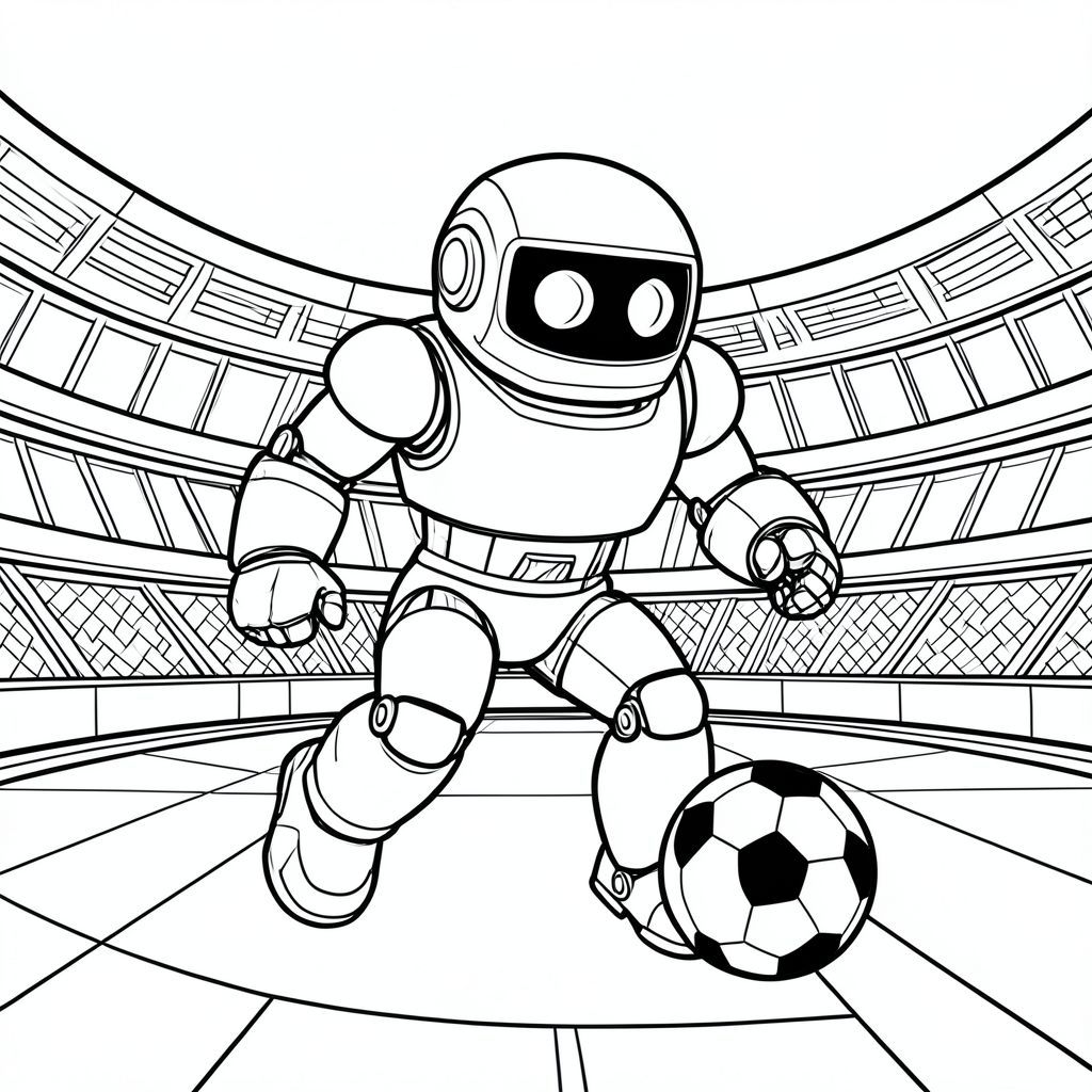 Một robot tuyệt vời chơi bóng đá trong sân vận động tương lai, đường dày, dễ tô màu