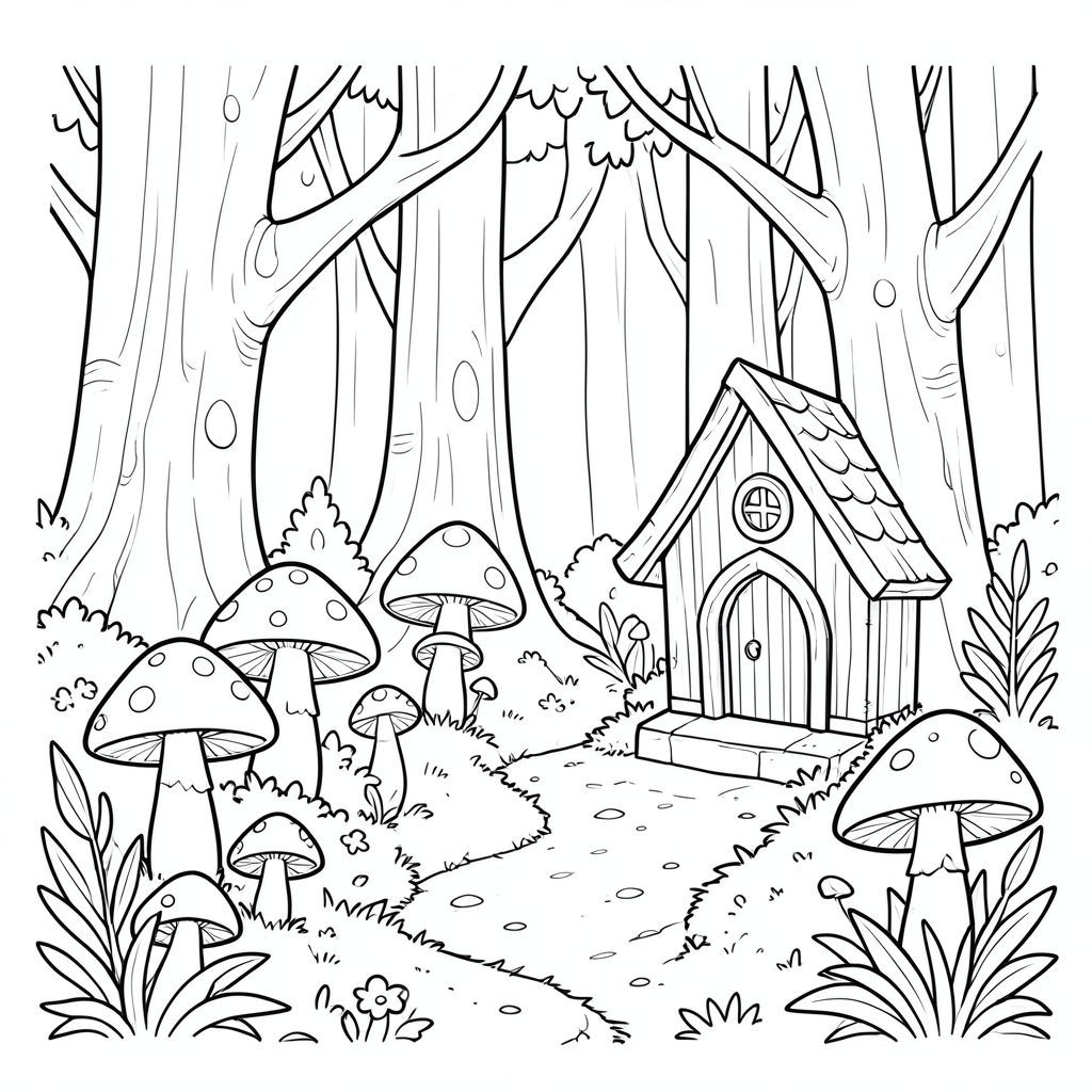 Khu rừng kỳ diệu với những cây nấm phát sáng và ngôi nhà cổ tích ẩn giấu, phong cách phác thảo bút chì