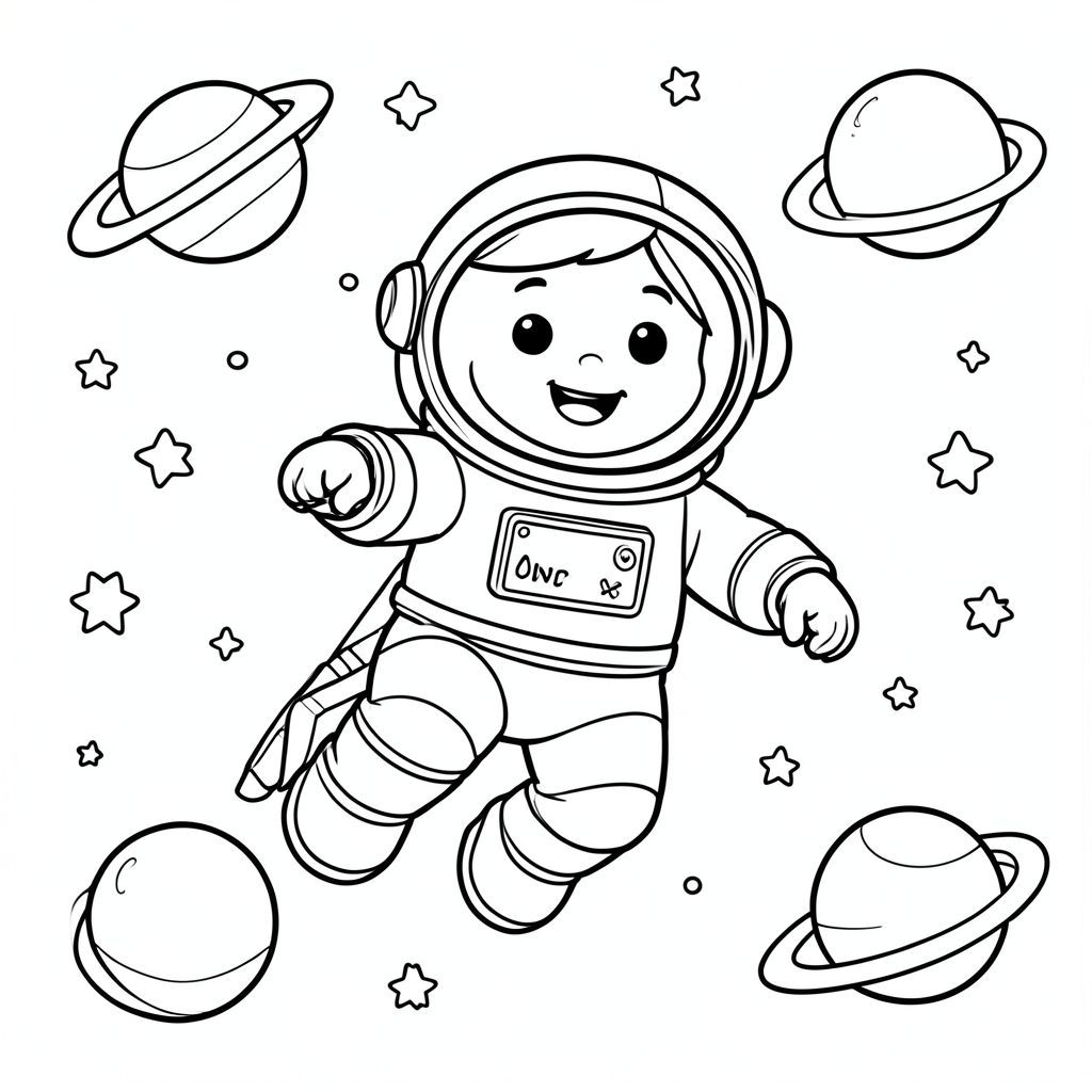Một phi hành gia hạnh phúc lơ lửng trong không gian với các hành tinh và ngôi sao, phong cách hoạt hình, đen trắng