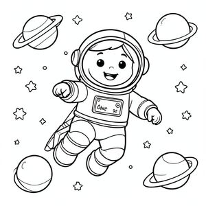 Một phi hành gia hạnh phúc lơ lửng trong không gian với các hành tinh và ngôi sao, phong cách hoạt hình, đen trắng