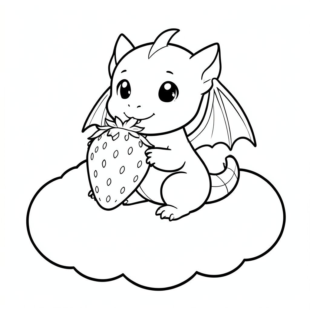 Một chú rồng con dễ thương ngồi trên mây, ăn một quả dâu tây khổng lồ, đường viền đơn giản, phong cách anime