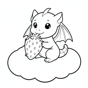 Một chú rồng con dễ thương ngồi trên mây, ăn một quả dâu tây khổng lồ, đường viền đơn giản, phong cách anime