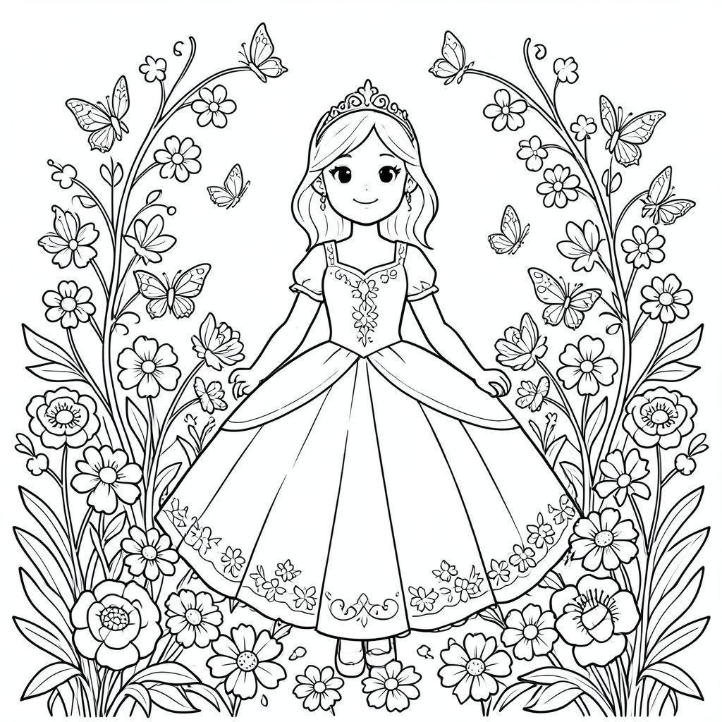 Một nàng công chúa xinh đẹp trong vườn hoa với những con bướm, các chi tiết phức tạp, phong cách trang tô màu