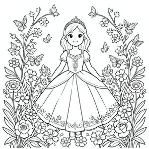 Một nàng công chúa xinh đẹp trong vườn hoa với những con bướm, các chi tiết phức tạp, phong cách trang tô màu