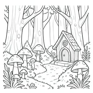 Khu rừng kỳ diệu với những cây nấm phát sáng và ngôi nhà cổ tích ẩn giấu, phong cách phác thảo bút chì