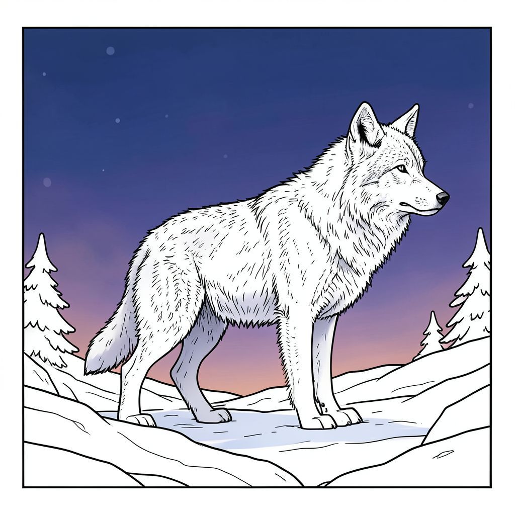 Tạo ra hình ảnh siêu thực, hơi u sầu của hình bóng sói Siberia cô đơn, phủ đầy tuyết trên bầu trời chạng vạng. Ánh sáng phải có màu xanh đậm và tím, sử dụng ánh sáng thể tích để tạo cảm giác về chiều sâu và sương mù trong khí quyển. Bảng màu: chủ yếu là xanh lam mát mẻ, tím đậm và trắng nhạt, với một chút hổ phách tắt tiếng phản chiếu trên tuyết. Tâm trạng: chiêm ngưỡng yên tĩnh, cô lập và một chút hoang dã cổ xưa. Tập trung vào kết cấu - chi tiết lông thú, hoa văn bông tuyết và địa hình gồ ghề