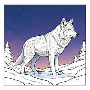 Tạo ra hình ảnh siêu thực, hơi u sầu của hình bóng sói Siberia cô đơn, phủ đầy tuyết trên bầu trời chạng vạng. Ánh sáng phải có màu xanh đậm và tím, sử dụng ánh sáng thể tích để tạo cảm giác về chiều sâu và sương mù trong khí quyển. Bảng màu: chủ yếu là xanh lam mát mẻ, tím đậm và trắng nhạt, với một chút hổ phách tắt tiếng phản chiếu trên tuyết. Tâm trạng: chiêm ngưỡng yên tĩnh, cô lập và một chút hoang dã cổ xưa. Tập trung vào kết cấu - chi tiết lông thú, hoa văn bông tuyết và địa hình gồ ghề