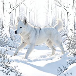 Tạo một bức ảnh siêu thực về một chú chó Siberian Husky đơn độc, trắng như tuyết đang sải bước trên sàn rừng sương giá.  Ánh sáng lốm đốm, chiều muộn - dịu dàng, giờ vàng - đổ bóng dài và mát mẻ. Tập trung vào kết cấu: tuyết, lông thú và bộ lông bóng bẩy của husky. Bảng màu: chủ yếu là xanh lam và xám mát mẻ với các điểm nổi bật là trắng nhạt. Tâm trạng: thanh thản, chiêm nghiệm, hơi u sầu - gợi lên cảm giác hoang dã yên tĩnh và kiên cường. Độ sâu trường ảnh sẽ làm mờ các tán lá ở xa một chút. Độ chi tiết cao, độ phân giải 8k.