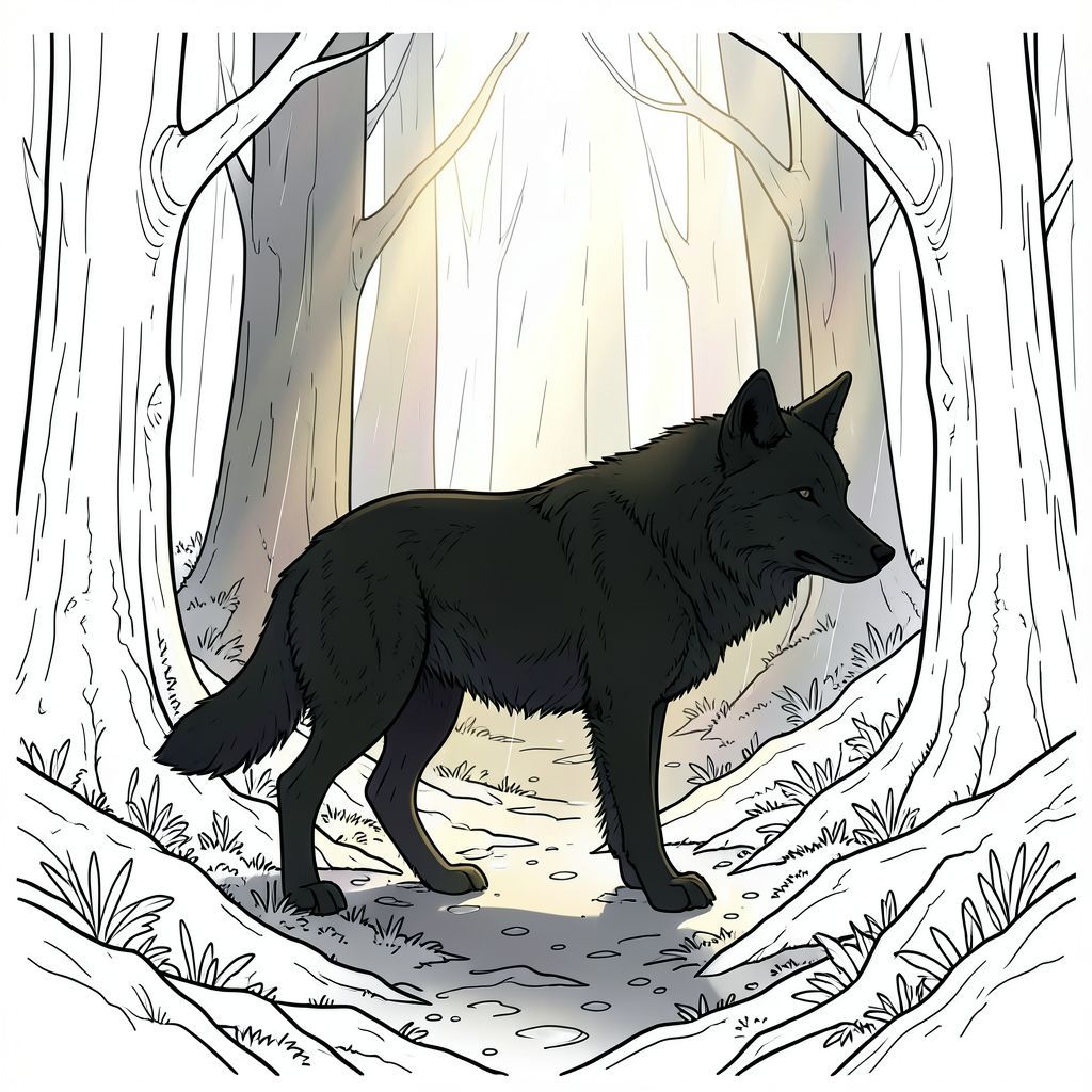 Tạo hình ảnh siêu thực, hơi u sầu của hình bóng sói đơn độc trên nền rừng im lặng, ướt đẫm mưa. Ánh sáng vàng dịu nhẹ, khuếch tán lọc qua một tán cây dày đặc, chiếu sáng hình dạng bóng tối của con sói. Bảng màu: xám đậm, xanh rừng và màu tím bầm tím trong bóng tối. Tâm trạng: chiêm nghiệm, bí ẩn, truyền tải cảm giác cô đơn cổ xưa. Tập trung vào kết cấu - vỏ cây, rêu và lông sói. Độ phân giải 8k, bố cục điện ảnh.