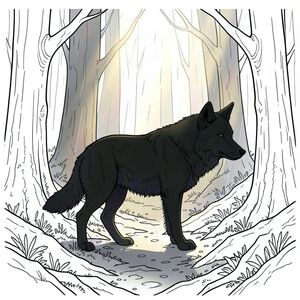 Tạo hình ảnh siêu thực, hơi u sầu của hình bóng sói đơn độc trên nền rừng im lặng, ướt đẫm mưa. Ánh sáng vàng dịu nhẹ, khuếch tán lọc qua một tán cây dày đặc, chiếu sáng hình dạng bóng tối của con sói. Bảng màu: xám đậm, xanh rừng và màu tím bầm tím trong bóng tối. Tâm trạng: chiêm nghiệm, bí ẩn, truyền tải cảm giác cô đơn cổ xưa. Tập trung vào kết cấu - vỏ cây, rêu và lông sói. Độ phân giải 8k, bố cục điện ảnh.