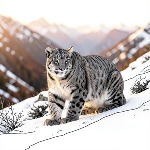 ** Lời nhắc: **  Tạo ra một bức ảnh siêu thực về một con báo tuyết đơn độc, tắm trong ánh sáng vàng thanh tao của mặt trời chiều muộn. Bộ lông của báo hoa mai có màu xám khói đậm, có kết cấu với các điểm nhấn màu bạc. Nền là một thung lũng núi cao phủ đầy tuyết với màu sắc mùa thu trầm (cam đậm, nâu và hồng bụi). Độ sâu trường ảnh nông tập trung vào con vật, làm mờ phong cảnh xa xôi. Tâm trạng: Thanh bình, hùng vĩ, hơi u sầu, truyền tải sức mạnh cổ xưa và sự cô đơn. Độ chi tiết cao, ánh sáng điện ảnh – ánh sáng thể tích nhấn mạnh tuyết.