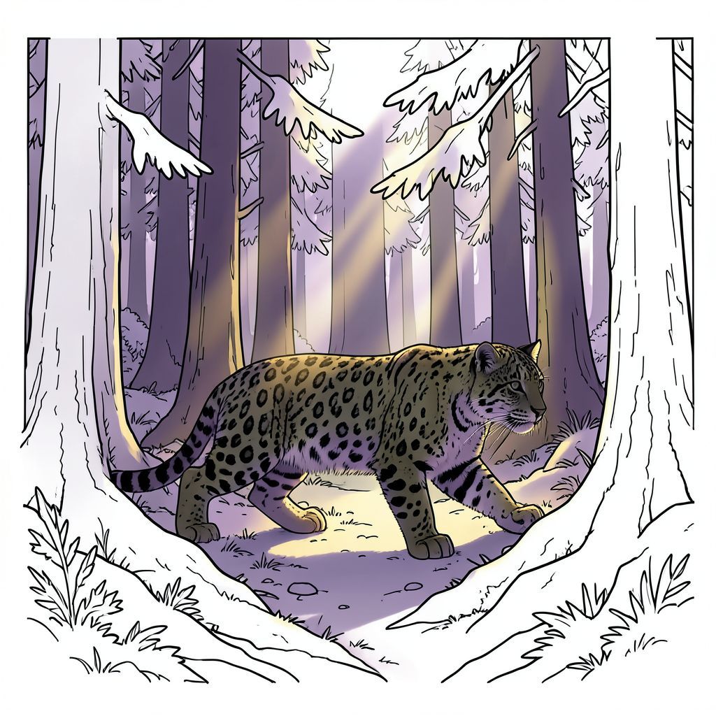 ** Lời nhắc: **  Tạo ra hình ảnh siêu thực, hơi siêu thực về một con báo tuyết rình rập trong một khu rừng Siberia rậm rạp, tông màu tím. Tập trung vào ánh sáng mặt trời lốm đốm xuyên qua những cây thông cổ thụ, tạo ra bóng dài và ấn tượng. Con báo tuyết được tạo bóng trên ánh sáng hổ phách ấm áp. Bảng màu: tím đậm, xanh rêu, vàng ấm, xám than. Tâm trạng: bí ẩn, cảnh giác, cảm giác sức mạnh cổ xưa và sự cô đơn yên tĩnh. Độ chi tiết cao, độ phân giải 8k, ánh sáng điện ảnh.