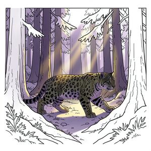 ** Lời nhắc: **  Tạo ra hình ảnh siêu thực, hơi siêu thực về một con báo tuyết rình rập trong một khu rừng Siberia rậm rạp, tông màu tím. Tập trung vào ánh sáng mặt trời lốm đốm xuyên qua những cây thông cổ thụ, tạo ra bóng dài và ấn tượng. Con báo tuyết được tạo bóng trên ánh sáng hổ phách ấm áp. Bảng màu: tím đậm, xanh rêu, vàng ấm, xám than. Tâm trạng: bí ẩn, cảnh giác, cảm giác sức mạnh cổ xưa và sự cô đơn yên tĩnh. Độ chi tiết cao, độ phân giải 8k, ánh sáng điện ảnh.