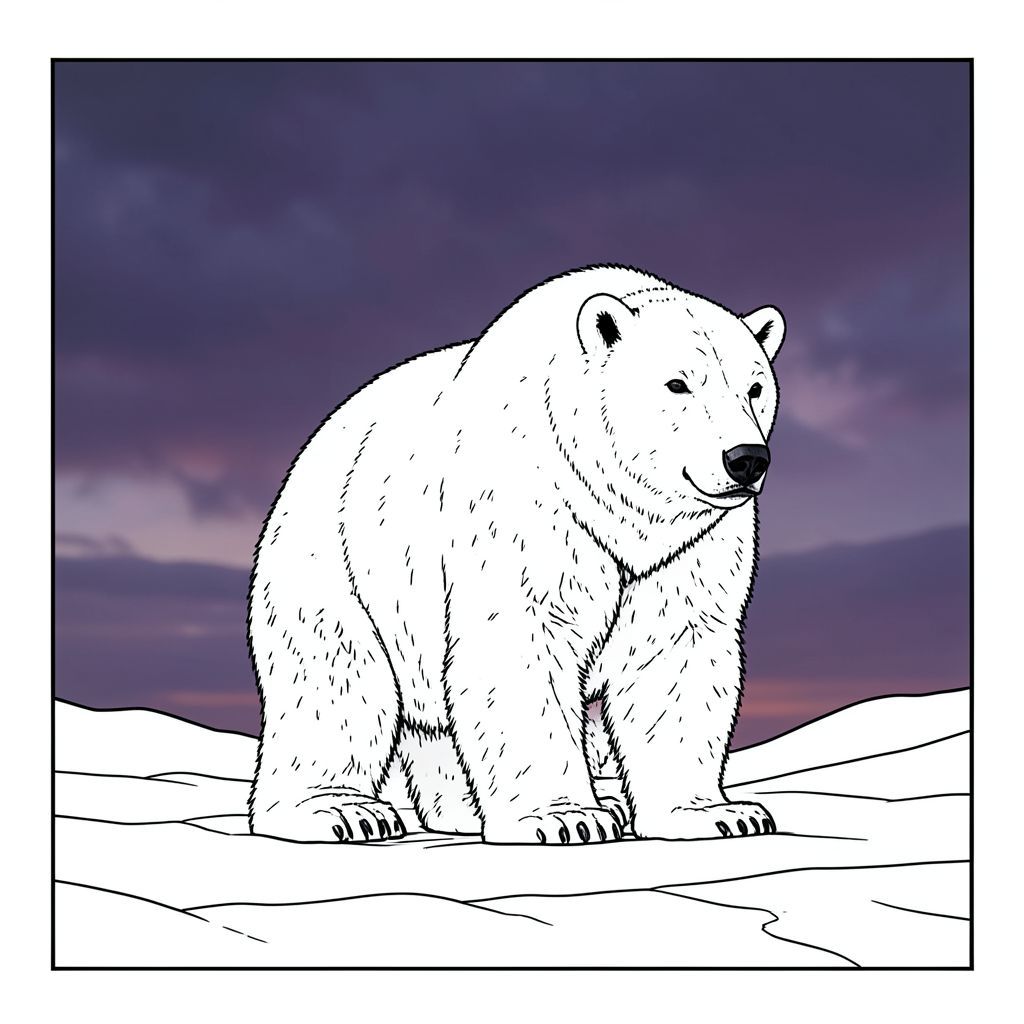 ** Lời nhắc: **  Tạo ra một bức ảnh siêu thực về một con gấu Bắc Cực đơn độc, phủ đầy tuyết trên nền bầu trời chạng vạng màu tím bầm tím ấn tượng. Tập trung vào biểu cảm mạnh mẽ, hơi u sầu của chú gấu. Ánh sáng là một ánh sáng tinh tế, phơi sáng lâu của mát mẻ, tím và xám, tạo cảm giác tĩnh lặng và rộng lớn. Bảng màu: chàm đậm, xám than, trắng băng, với một chút vàng trầm. Tâm trạng: chiêm nghiệm, cô lập và hơi bí ẩn. Độ sâu trường ảnh nông, nhấn mạnh hình dạng của con gấu. Độ phân giải 8K.