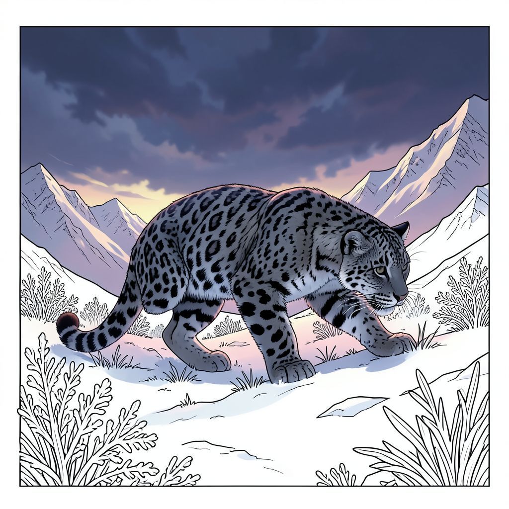 ** Nhắc nhở: **  Tạo một bức tranh kỹ thuật số siêu thực về một con báo tuyết rình rập qua đồng cỏ núi cao mờ mịt. Con báo được tạo hình trên bầu trời u ám, ấn tượng - màu chàm đậm và màu tím bầm tím với một chút vàng nhạt. Tập trung vào kết cấu phức tạp - tuyết, lông và băng. Ánh sáng góc thấp, ấn tượng làm nổi bật cơ bắp mạnh mẽ của con vật và ánh sáng thanh tao nhẹ. Bảng màu: chủ yếu là xanh lam mát mẻ, xám và một chút hồng nhạt. Tâm trạng: trầm ngâm, hùng vĩ, cô đơn, cảm giác sức mạnh cổ xưa. Độ chi tiết cao, độ phân giải 8k.