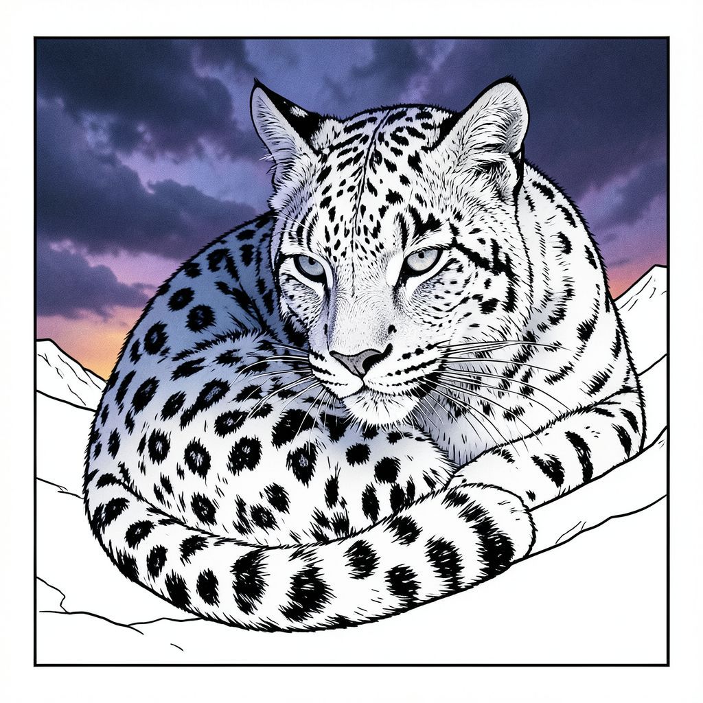 ** Lời nhắc: **

Bức ảnh điện ảnh, siêu thực về một con báo tuyết, hình bóng trên bầu trời chạng vạng nhuốm màu tím đầy bão tố. Tập trung vào tư thế cuộn tròn, ánh mắt tập trung cao độ. Ánh sáng dịu nhẹ, khuếch tán - chủ yếu là màu xanh lam mát mẻ, màu tím đậm và một chút hổ phách ấm áp - tạo ra một tâm trạng huyền bí, hơi u sầu. Mô phỏng kho phim hạt, gợi nhớ đến nhiếp ảnh thời kỳ đầu. Độ sâu trường ảnh nên nhấn mạnh khuôn mặt của con báo, tạo cảm giác cô lập và sức mạnh nguyên thủy.  Kết cấu cực kỳ chi tiết - lông thú, tuyết - là rất quan trọng.