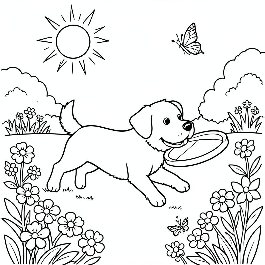 Một chú chó tinh nghịch đuổi theo ném đĩa trong một công viên đầy nắng, được bao quanh bởi hoa và bướm