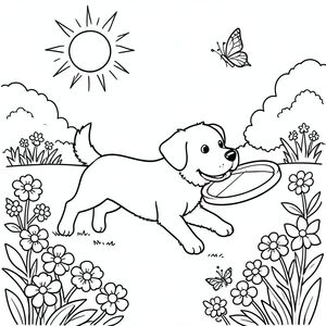 Một chú chó tinh nghịch đuổi theo ném đĩa trong một công viên đầy nắng, được bao quanh bởi hoa và bướm