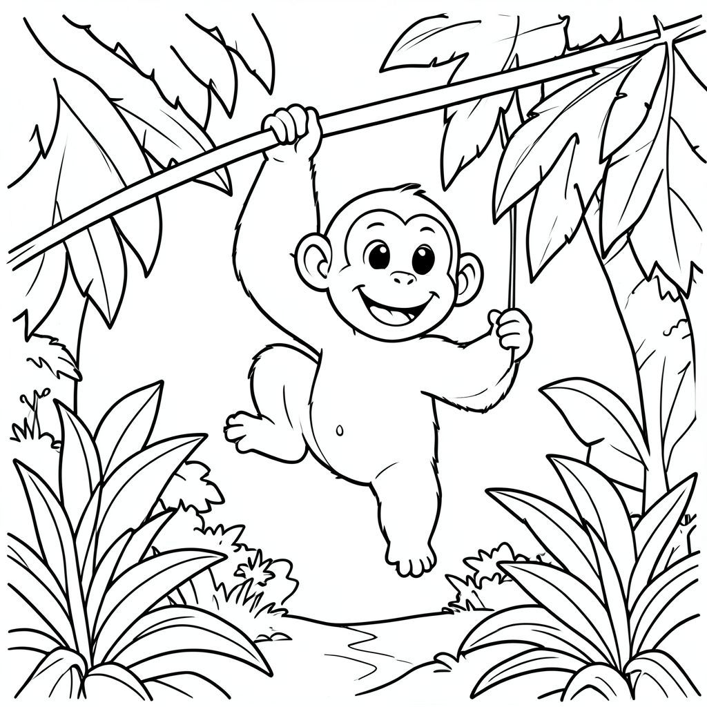 Một khu rừng thân thiện với một con khỉ lớn đang mỉm cười đu đưa từ một cây nho lười biếng