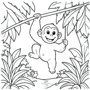 Một khu rừng thân thiện với một con khỉ lớn đang mỉm cười đu đưa từ một cây nho lười biếng