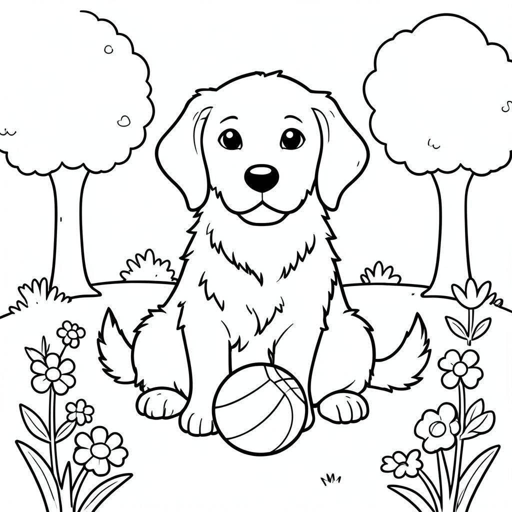 Một chú chó săn vàng thân thiện ngồi với một quả bóng trong công viên xanh, được bao quanh bởi những bông hoa đơn giản và một vài cây cối, sẵn sàng cho một đứa trẻ tô màu.