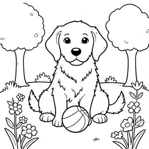 Một chú chó săn vàng thân thiện ngồi với một quả bóng trong công viên xanh, được bao quanh bởi những bông hoa đơn giản và một vài cây cối, sẵn sàng cho một đứa trẻ tô màu.