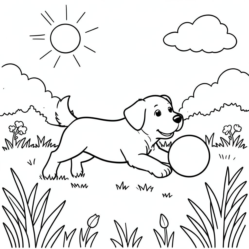 Một chú chó thân thiện đuổi theo một quả bóng màu đỏ tươi trên đồng cỏ đầy nắng.