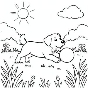 Một chú chó thân thiện đuổi theo một quả bóng màu đỏ tươi trên đồng cỏ đầy nắng.