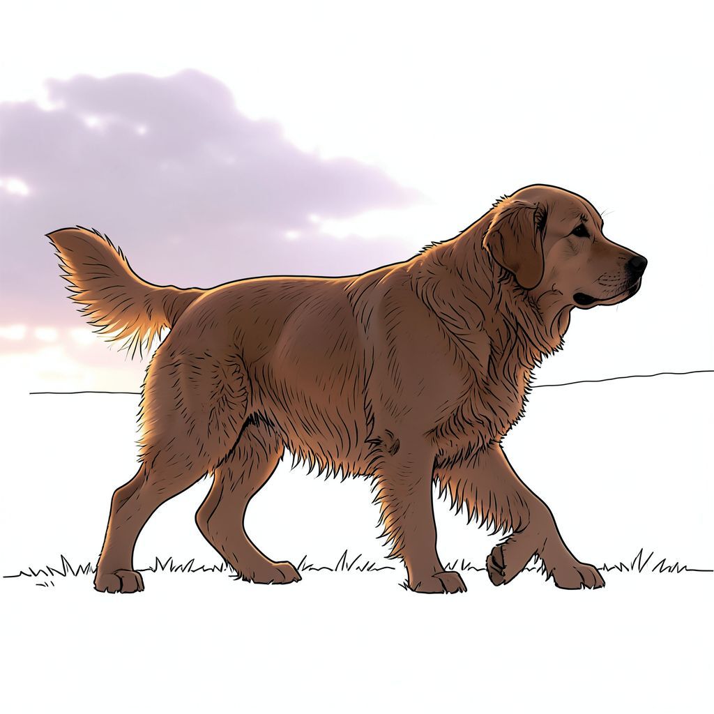 ** Lời nhắc: **

Tạo ra một bức ảnh siêu thực, hơi u sầu về một chú chó săn vàng đang sải bước, hình bóng trên bầu trời u ám, u ám. Tập trung vào ánh sáng dịu nhẹ, khuếch tán - chủ yếu là tông màu vàng ấm áp với ánh sáng viền tinh tế. Bộ lông của có kết cấu và hơi rối bời, truyền tải cảm giác cô đơn yên tĩnh.  Bảng màu: cam đậm, nâu trầm và một chút hoa oải hương nhạt ở nền. Tâm trạng: chiêm nghiệm, hoài niệm, gợi lên cảm giác cô đơn nhẹ nhàng.  Độ chi tiết cao, độ phân giải 8k.  --phong cách: chân thực, --ánh sáng: ấm áp, dịu nhẹ, ánh sáng vành --color_palette: cam, nâu, hoa oải hương--