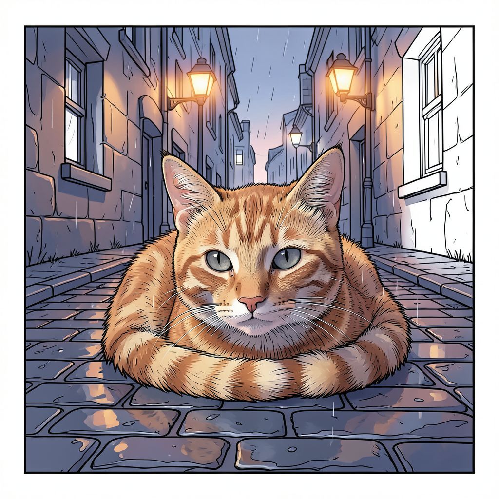 ** Lời nhắc: **

Tạo ra một hình ảnh siêu thực, hơi u sầu của một con mèo mướp gừng nép mình trong một con hẻm lát đá cuội đầy mưa vào lúc chạng vạng. Ánh sáng vàng dịu nhẹ, khuếch tán làm nổi bật bộ lông của mèo và đôi mắt xám khói tinh tế. Con hẻm được thắp sáng lờ mờ bởi đèn đường tông màu cam ấm áp phản chiếu trên đá ướt. Bảng màu: xanh chàm đậm, đất nung trầm và một chút hoa hồng bụi. Tâm trạng: chiêm nghiệm, hơi cô đơn, gợi lên một khoảnh khắc cô đơn yên tĩnh. Tập trung vào kết cấu - bộ lông, đá cuội, mưa. Độ phân giải 8K, ánh sáng điện ảnh.
