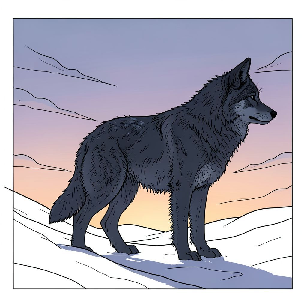 ** Lời nhắc: **

Tạo ra hình ảnh siêu thực, hơi u sầu của một con sói cô đơn, phủ đầy tuyết trên bầu trời chạng vạng. Bộ lông của con sói có màu xám than đậm với các hoa văn băng tinh tế. Ánh sáng khuếch tán, dịu nhẹ từ hoàng hôn màu cam nhạt và tím tạo ra những bóng dài. Bảng màu: Chủ yếu là xanh đậm, xám than và cam ấm, trầm. Tập trung vào kết cấu - lông thô, tuyết băng. Tâm trạng: Chiêm ngưỡng tĩnh lặng, cảm giác cô đơn và vẻ đẹp cổ kính.  Độ chi tiết cao, chất lượng điện ảnh.