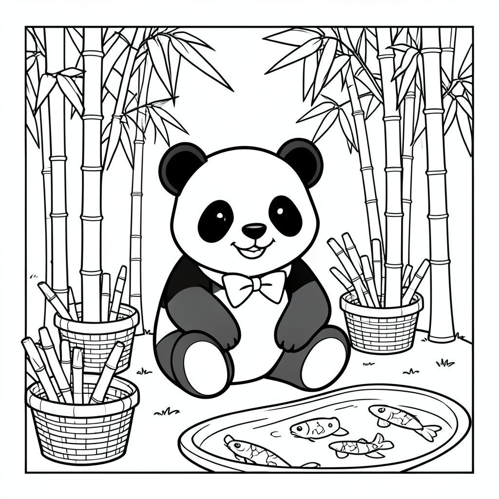 Một chú gấu trúc mỉm cười đeo nơ, ngồi trong rừng tre với những giỏ tre đơn giản và một ao cá koi nhỏ, tất cả đều có đường viền gọn gàng để dễ dàng tô màu.