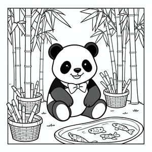 Một chú gấu trúc mỉm cười đeo nơ, ngồi trong rừng tre với những giỏ tre đơn giản và một ao cá koi nhỏ, tất cả đều có đường viền gọn gàng để dễ dàng tô màu.