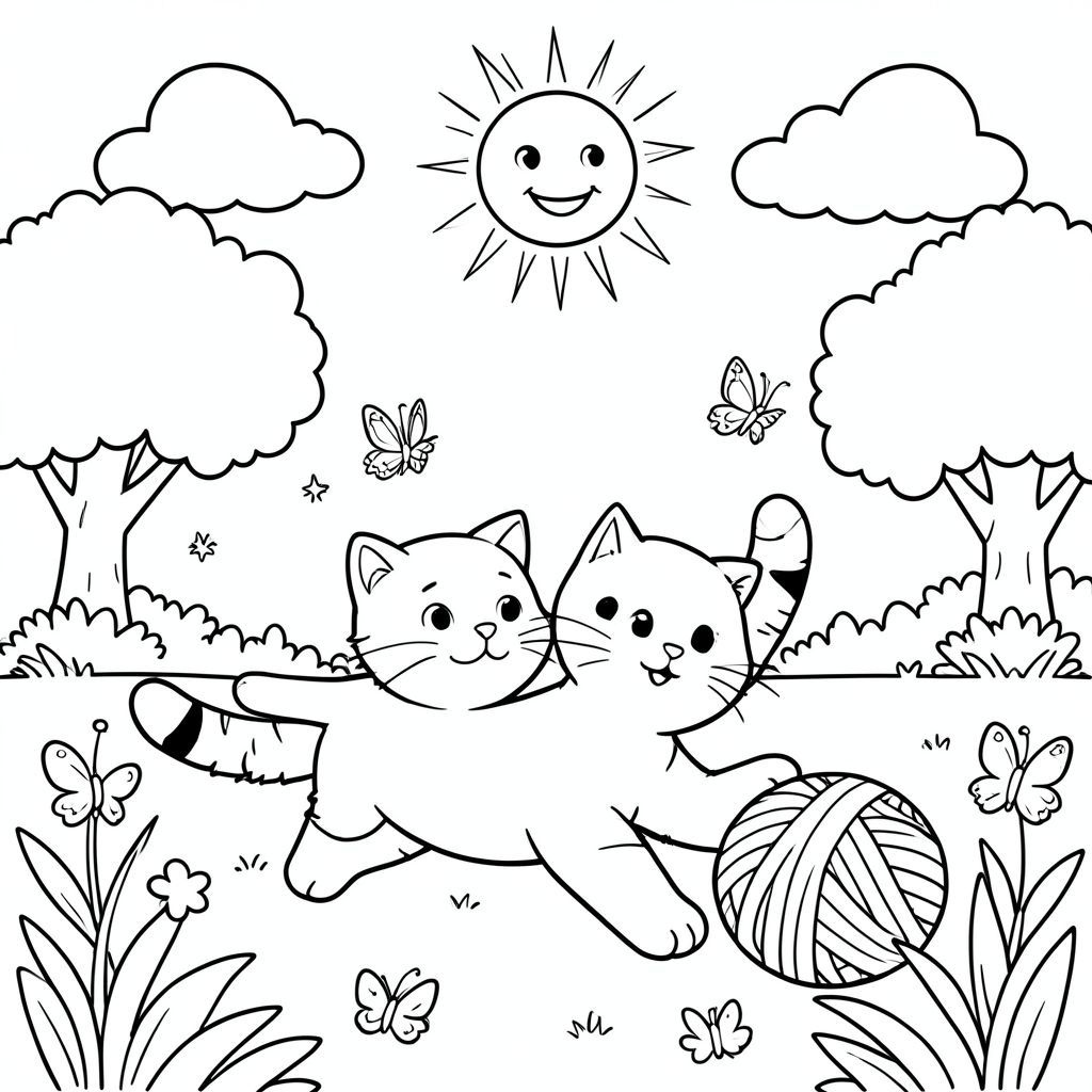 Một chú mèo thân thiện đuổi theo một quả bóng sợi trong một khu vườn đầy nắng, với những con bướm bay lượn xung quanh, cây cối ở hậu cảnh và bầu trời đơn giản với mặt trời mỉm cười và những đám mây mịn.