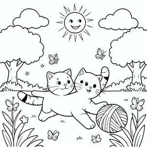 Một chú mèo thân thiện đuổi theo một quả bóng sợi trong một khu vườn đầy nắng, với những con bướm bay lượn xung quanh, cây cối ở hậu cảnh và bầu trời đơn giản với mặt trời mỉm cười và những đám mây mịn.