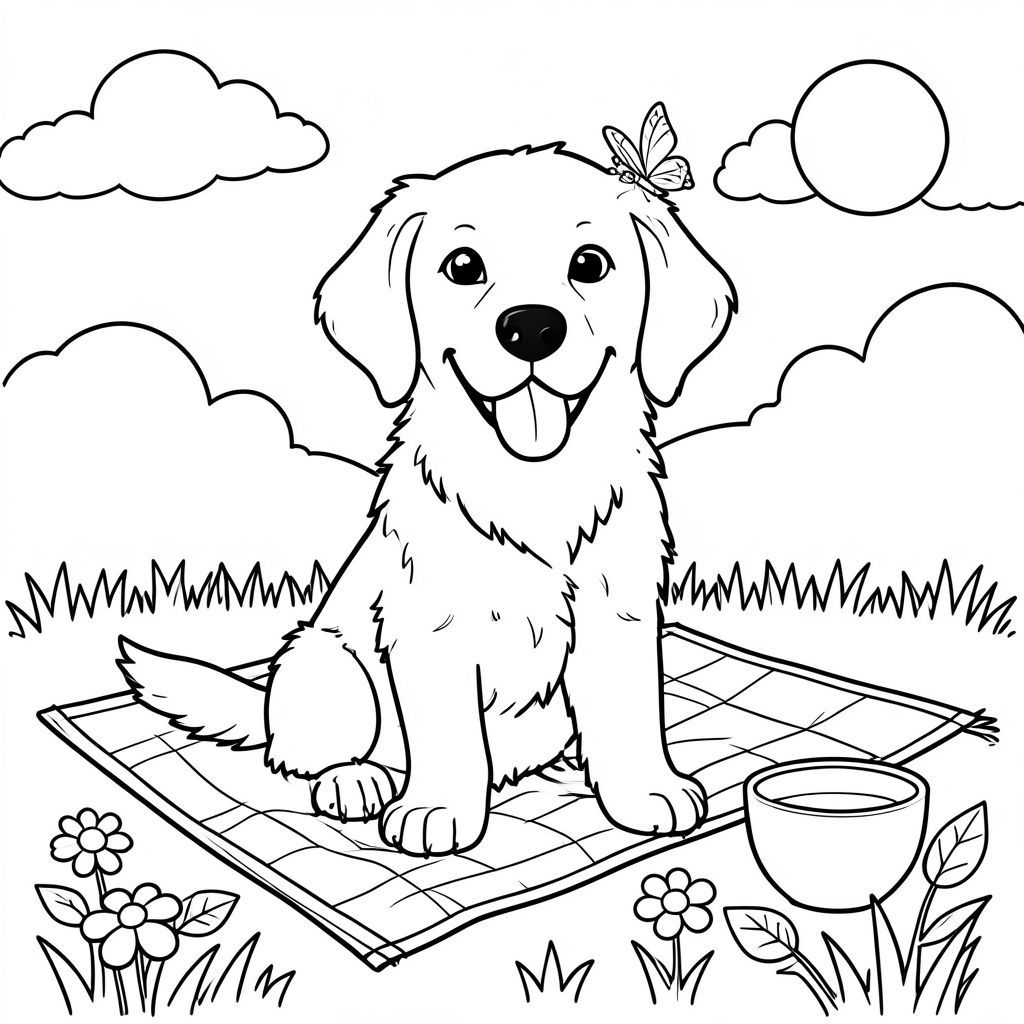 Một chú chó săn vàng thân thiện ngồi trên đồng cỏ với khung cảnh bầu trời đầy nắng. Xung quanh chú chó là những vật dụng dã ngoại đơn giản: một chiếc chăn màu đỏ, một chiếc bánh sandwich lớn, một bát sữa, và một vài chiếc lá và hoa hoạt hình để tô màu. có một cái đuôi vẫy vẫy và một nụ cười tinh nghịch, lè lưỡi và một con bướm nhỏ đậu trên mũi. Khung cảnh được bao quanh bởi một vài đám mây mịn màng và một mặt trời chói chang ở góc.