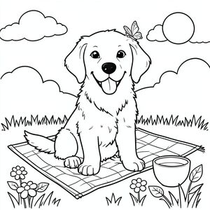 Một chú chó săn vàng thân thiện ngồi trên đồng cỏ với khung cảnh bầu trời đầy nắng. Xung quanh chú chó là những vật dụng dã ngoại đơn giản: một chiếc chăn màu đỏ, một chiếc bánh sandwich lớn, một bát sữa, và một vài chiếc lá và hoa hoạt hình để tô màu. có một cái đuôi vẫy vẫy và một nụ cười tinh nghịch, lè lưỡi và một con bướm nhỏ đậu trên mũi. Khung cảnh được bao quanh bởi một vài đám mây mịn màng và một mặt trời chói chang ở góc.