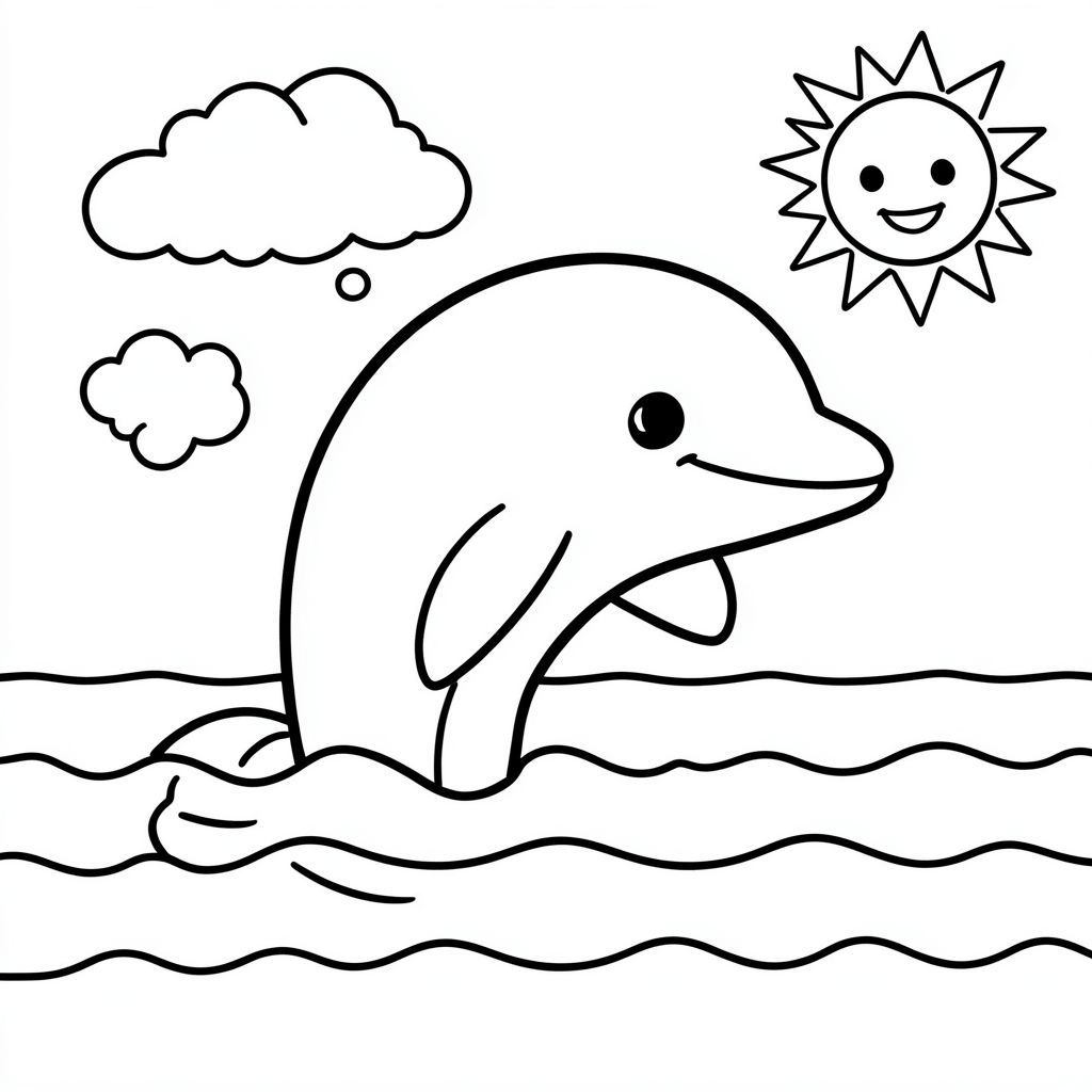 Một khung cảnh đại dương yên tĩnh với một con cá heo lớn, thân thiện vươn lên từ một vài con sóng lượn sóng đơn giản. Con cá heo được vẽ với một nụ cười tươi và một con mắt, cơ thể của nó được phác thảo bằng một vài đường dày thích hợp để tô màu. Xung quanh chú cá heo là một vài bong bóng nhẹ nhàng, giống như đám mây và một mặt trời đơn giản, mỉm cười ở góc, tất cả được kết nối với nhau bằng các cạnh mịn, dày để các nghệ sĩ trẻ có thể tô màu bên trong các đường nét mà không có bất kỳ sự phức tạp nào.