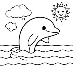 Một khung cảnh đại dương yên tĩnh với một con cá heo lớn, thân thiện vươn lên từ một vài con sóng lượn sóng đơn giản. Con cá heo được vẽ với một nụ cười tươi và một con mắt, cơ thể của nó được phác thảo bằng một vài đường dày thích hợp để tô màu. Xung quanh chú cá heo là một vài bong bóng nhẹ nhàng, giống như đám mây và một mặt trời đơn giản, mỉm cười ở góc, tất cả được kết nối với nhau bằng các cạnh mịn, dày để các nghệ sĩ trẻ có thể tô màu bên trong các đường nét mà không có bất kỳ sự phức tạp nào.