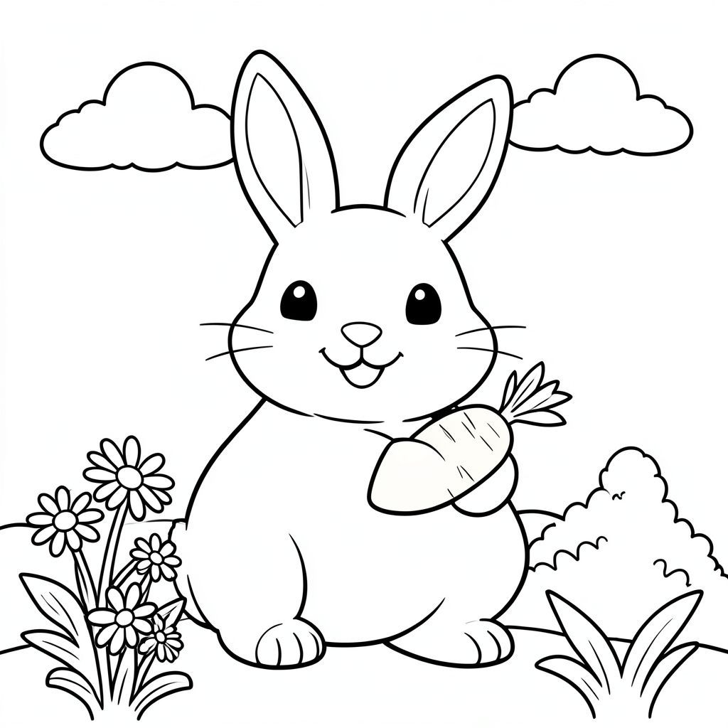 Tạo dàn ý cho một trang tô màu thân thiện với trẻ em cho thấy một chú thỏ lớn, thân thiện với đôi tai mềm mại và nụ cười rạng rỡ. Con thỏ đang cầm một củ cà rốt màu cam tươi trong một chân. Bao quanh chú thỏ với một vài bông cúc đơn giản, một bụi cây nhỏ và bầu trời trong xanh với một vài đám mây mịn. Giữ cho tất cả các đường in đậm và thiết kế đơn giản để dễ dàng tô màu. Không cần văn bản hoặc nhãn. Hậu cảnh nên gọn gàng để tập trung vào chú thỏ và củ cà rốt.