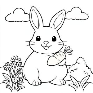 Tạo dàn ý cho một trang tô màu thân thiện với trẻ em cho thấy một chú thỏ lớn, thân thiện với đôi tai mềm mại và nụ cười rạng rỡ. Con thỏ đang cầm một củ cà rốt màu cam tươi trong một chân. Bao quanh chú thỏ với một vài bông cúc đơn giản, một bụi cây nhỏ và bầu trời trong xanh với một vài đám mây mịn. Giữ cho tất cả các đường in đậm và thiết kế đơn giản để dễ dàng tô màu. Không cần văn bản hoặc nhãn. Hậu cảnh nên gọn gàng để tập trung vào chú thỏ và củ cà rốt.