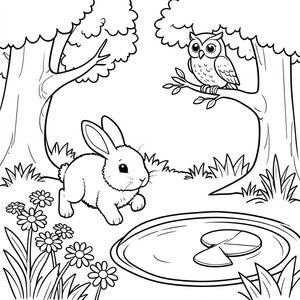 Một khu rừng sáng sủa, đơn giản với một con thỏ lông tơ nhảy giữa những bông cúc, một con cú thân thiện đậu trên cành cây và một cái ao vui vẻ với một tấm hoa loa kèn, tất cả đều được vẽ với các đường viền rõ ràng, dày để dễ dàng tô màu.