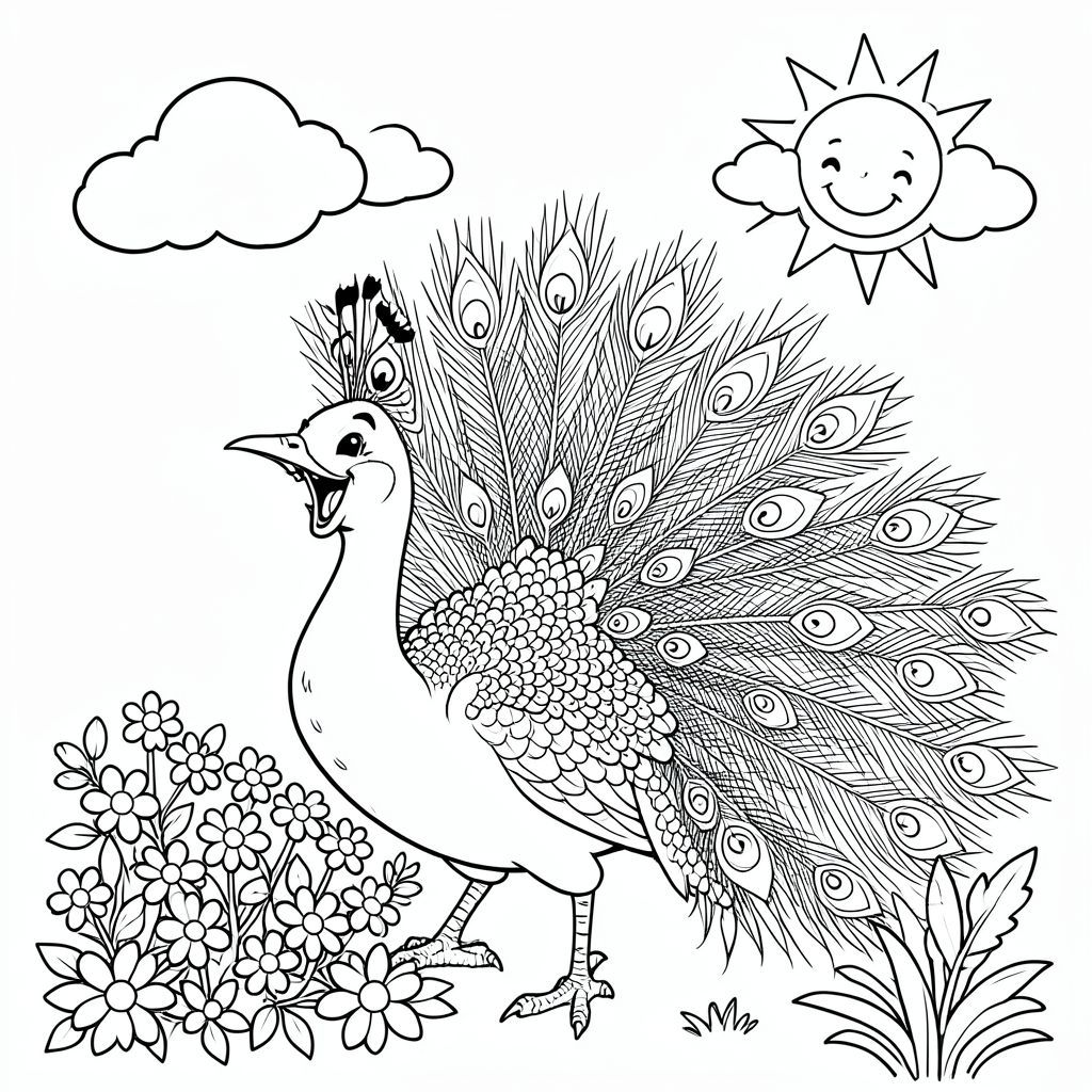 Một con công cười khúc khích với bộ lông lấp lánh khoe chiếc quạt lông của nó, đứng bên cạnh một mảng hoa, với ánh nắng mặt trời vui vẻ và những đám mây kỳ lạ.