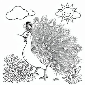 Một con công cười khúc khích với bộ lông lấp lánh khoe chiếc quạt lông của nó, đứng bên cạnh một mảng hoa, với ánh nắng mặt trời vui vẻ và những đám mây kỳ lạ.