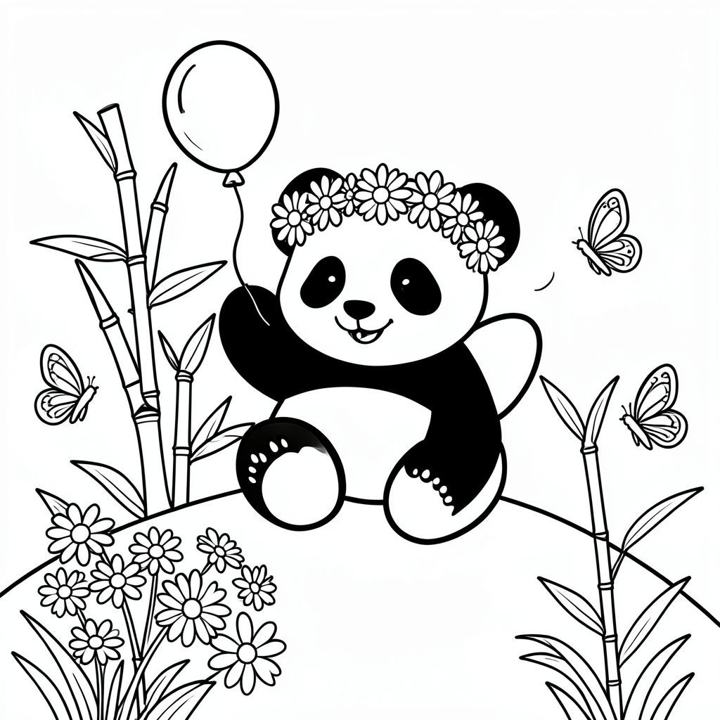 Vẽ một chú gấu trúc thân thiện ngồi trên một ngọn đồi tre thoai thoải, đội vương miện hoa rực rỡ của hoa cúc và hoa hướng dương. Gấu trúc có biểu cảm vui tươi, cầm một quả bóng bay nhỏ màu đỏ lơ lửng trên đầu. Gần gấu trúc, một vài con bướm với đôi cánh đơn giản, táo bạo tung bay giữa những bông hoa, tạo thêm một chút màu sắc. Giữ cho các hình dạng đơn giản với các cạnh tròn để trẻ có thể dễ dàng tô màu từng yếu tố — tre, hoa, gấu trúc và bướm — bằng bút chì màu hoặc bút đánh dấu.