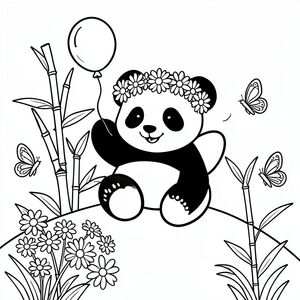 Vẽ một chú gấu trúc thân thiện ngồi trên một ngọn đồi tre thoai thoải, đội vương miện hoa rực rỡ của hoa cúc và hoa hướng dương. Gấu trúc có biểu cảm vui tươi, cầm một quả bóng bay nhỏ màu đỏ lơ lửng trên đầu. Gần gấu trúc, một vài con bướm với đôi cánh đơn giản, táo bạo tung bay giữa những bông hoa, tạo thêm một chút màu sắc. Giữ cho các hình dạng đơn giản với các cạnh tròn để trẻ có thể dễ dàng tô màu từng yếu tố — tre, hoa, gấu trúc và bướm — bằng bút chì màu hoặc bút đánh dấu.