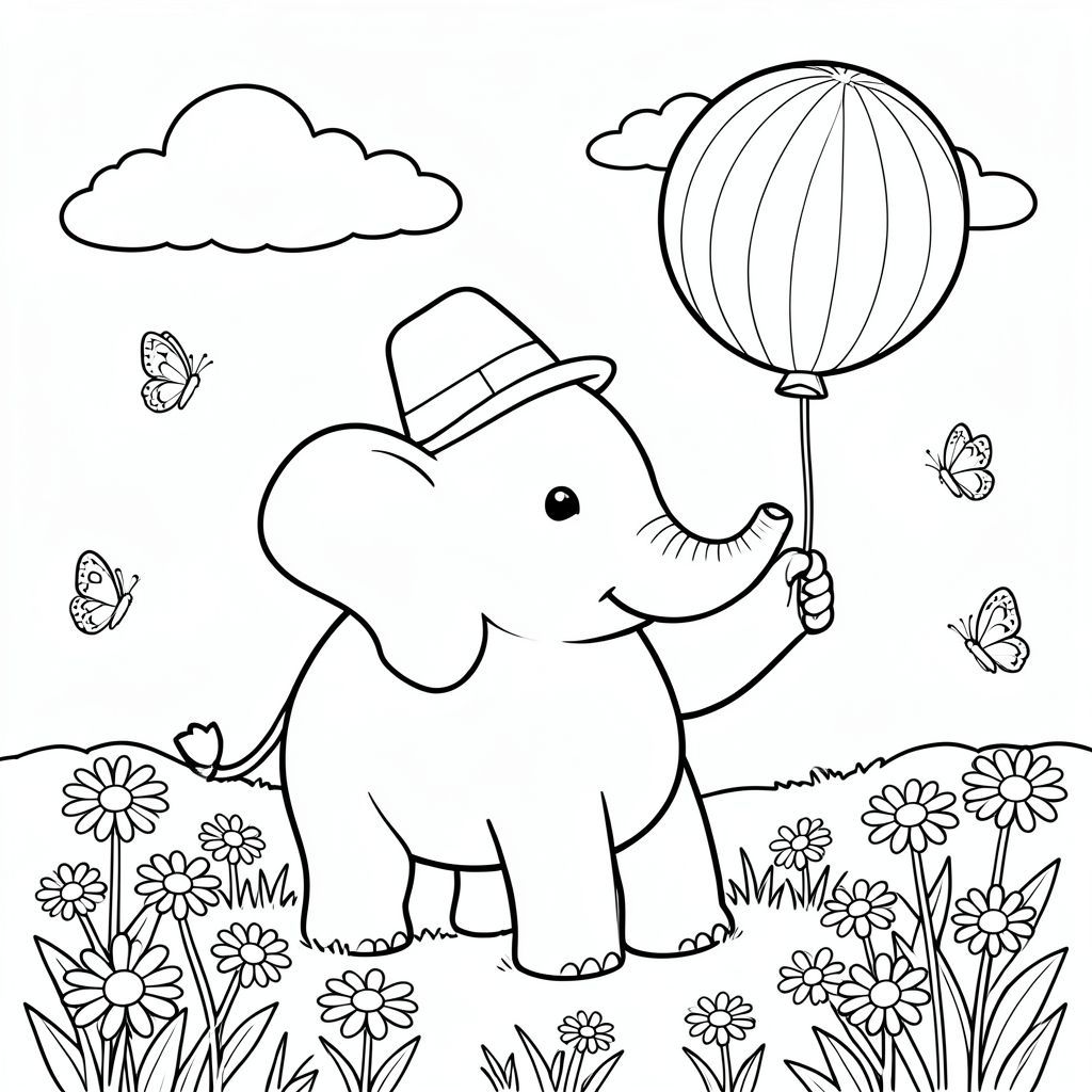 Một con voi to lớn, hạnh phúc đứng trên đồng cỏ đầy nắng, đội một chiếc mũ sáng màu, thân thiện. Con voi đang cầm một quả bóng bay lớn màu cầu vồng. Xung quanh nó, những bông cúc và bướm dễ thương bay lượn, và bầu trời trong xanh với một vài đám mây trắng mịn lơ lửng phía trên. Cảnh đơn giản này cho phép trẻ tô màu voi, quả bóng bay, hoa, bầu trời và động vật nhỏ trong một bức tranh vui tươi, không phức tạp.