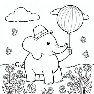 Một con voi to lớn, hạnh phúc đứng trên đồng cỏ đầy nắng, đội một chiếc mũ sáng màu, thân thiện. Con voi đang cầm một quả bóng bay lớn màu cầu vồng. Xung quanh nó, những bông cúc và bướm dễ thương bay lượn, và bầu trời trong xanh với một vài đám mây trắng mịn lơ lửng phía trên. Cảnh đơn giản này cho phép trẻ tô màu voi, quả bóng bay, hoa, bầu trời và động vật nhỏ trong một bức tranh vui tươi, không phức tạp.
