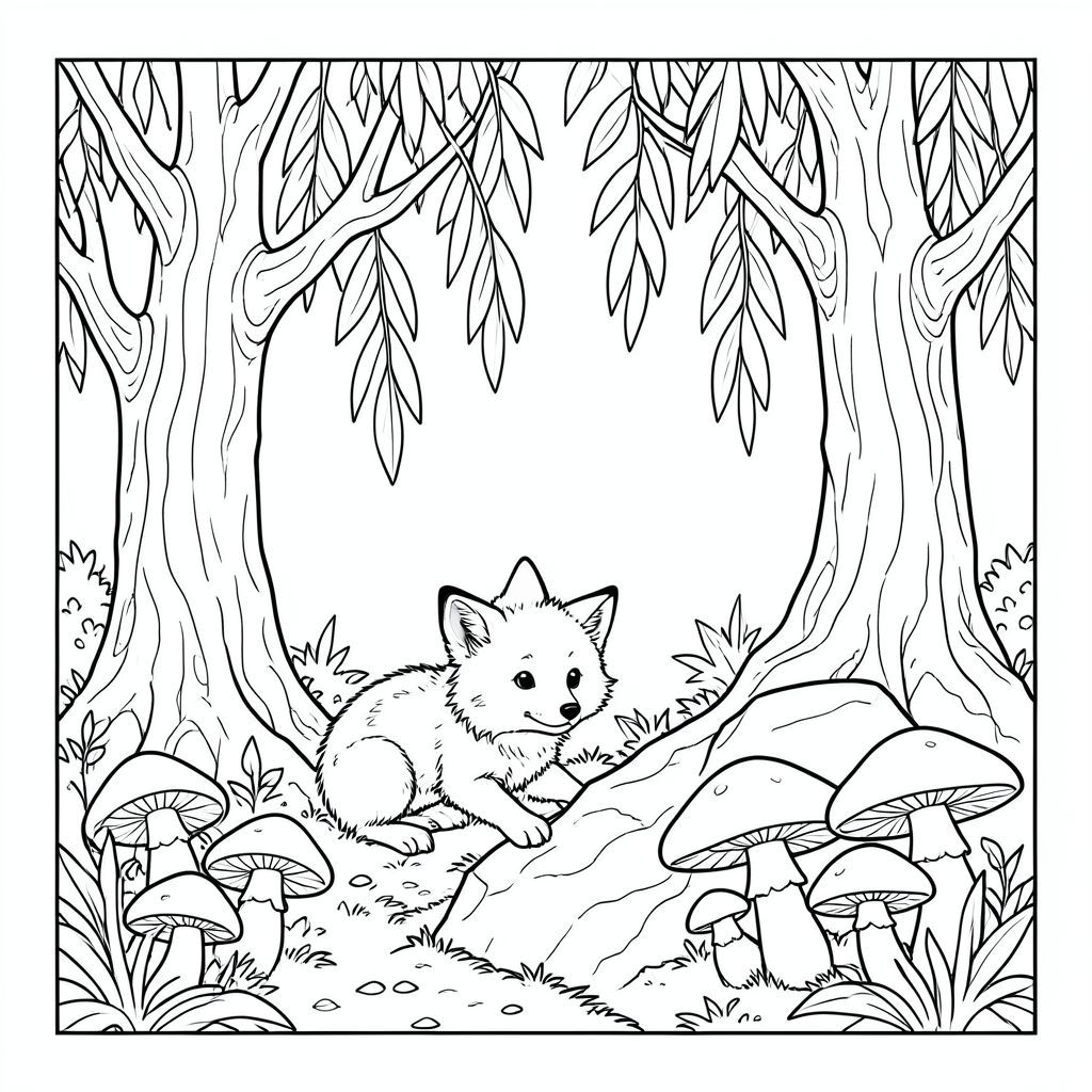 Được rồi, đây là lời nhắc:

** Lời nhắc: ** "Tranh tô màu đen trắng - 'Whispering Willow'"

Tạo một khung cảnh kỳ lạ với một chú cáo con nhỏ, lông tơ nép mình giữa những cây liễu cổ xưa. Chú gấu con đang thận trọng điều tra một cụm nấm phát sáng, quá khổ mọc ở chân một mỏm đá. Ánh sáng mặt trời dịu dàng, lốm đốm lọc qua lá, tạo ra một bầu không khí kỳ diệu, hơi u sầu. Tập trung vào nghệ thuật đường nét cực kỳ rõ ràng, khác biệt - cáo, cây cối và nấm. Sử dụng bảng màu hơi mơ mộng, hơi mờ. Nhắm đến cảm giác ngạc nhiên yên tĩnh và minh họa nhẹ nhàng. Hãy nghĩ đến phong cách sách thiếu nhi cổ điển, nhưng với một chút chi tiết tuyệt vời."