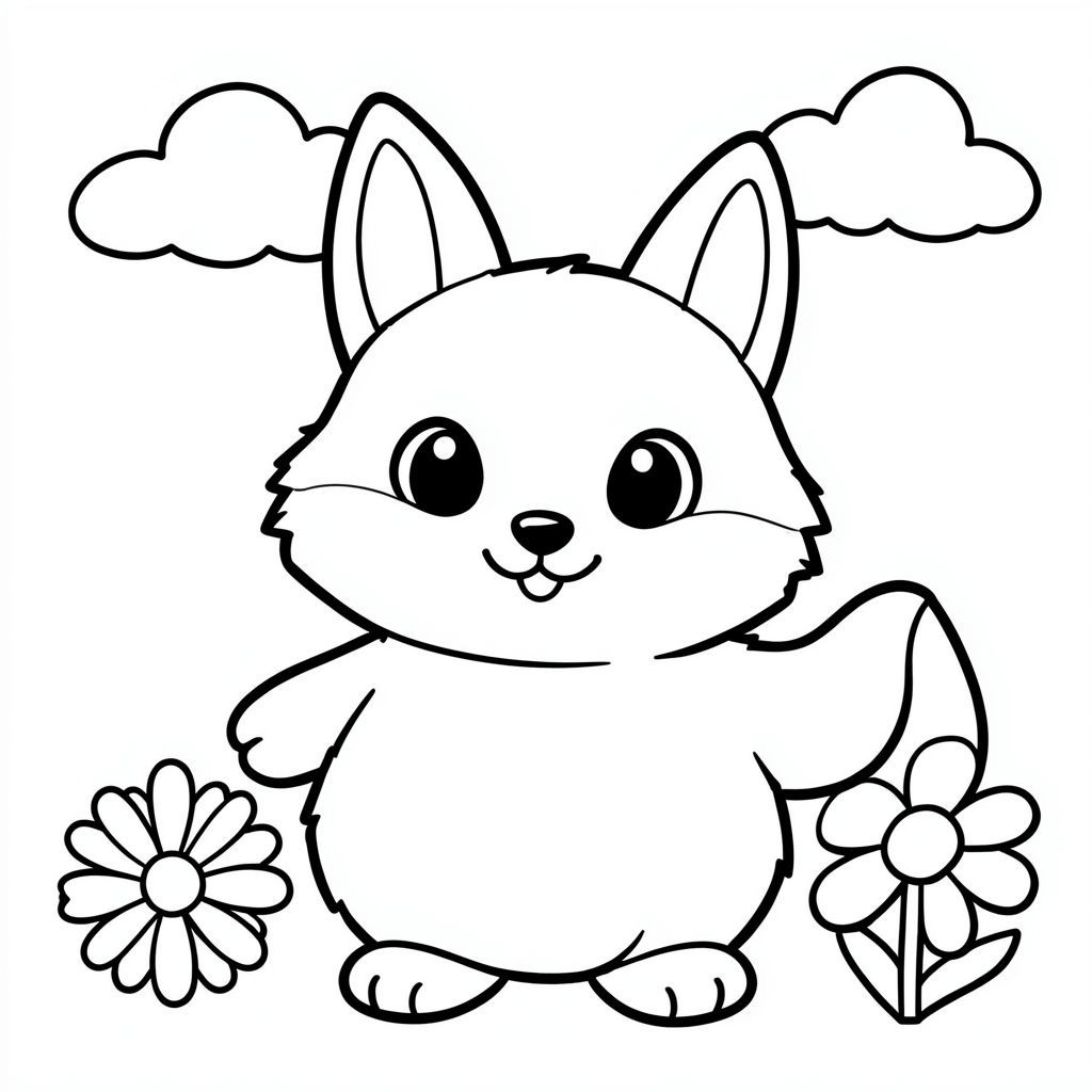 "Tạo một trang tô màu rực rỡ, vui vẻ với một con vật lông tơ, đáng yêu - có thể là một chú thỏ nhỏ, cáo hoặc chim cánh cụt!  Sử dụng các đường đen trắng dày, đậm, dễ theo dõi.  Con vật phải có đôi mắt to, biểu cảm và nụ cười vui vẻ, hơi ngốc nghếch. Kết hợp các hình dạng tròn, đơn giản - một chút mũi, tai và bàn chân.  Thêm một vài đám mây mềm mại, mịn màng ở hậu cảnh và một bông hoa duy nhất, vui vẻ - có thể là hoa cúc hoặc hoa hướng dương.  Tâm trạng tổng thể: Niềm vui và niềm vui thuần khiết!"